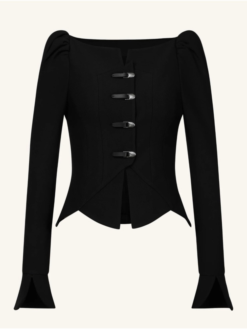 JW PEI Black Sculpted Waist Long-Sleeve Blazer with Decorative Clasps